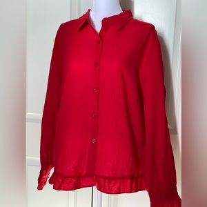 Izuria Button Down Women’s Cotton Top with Ruffles. Long Sleeve. Size 2XL. Red.